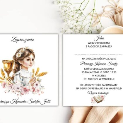 zaproszenie komunijne dla dziewczynki personalizowane UK